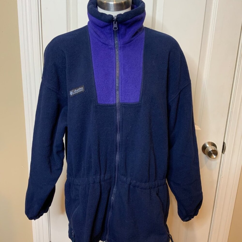 Columbia Vintage Dark Blue Zip-Up Fleece Jacket Waist Cinch, Size L